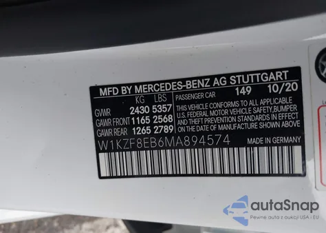 2021 Mercedes-Benz E 350 4Matic z USA, uszkodzony, nr VIN W1KZF8EB6MA894574